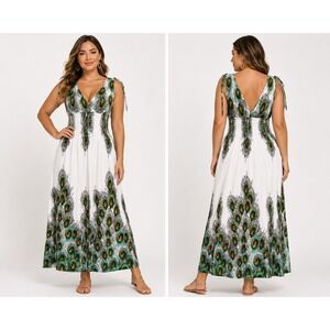 J&W Women Peacock Feather Print Maxi Dress White Green Boho Smocked V-Neck Med